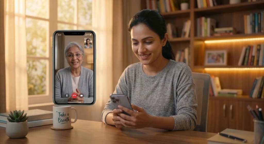 A woman smiling during a video therapy session from the comfort of her home